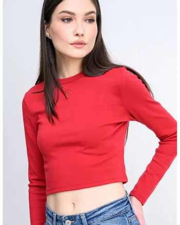 Bluza crop slim fit cu logo Dafilomena, Rosu inchis
