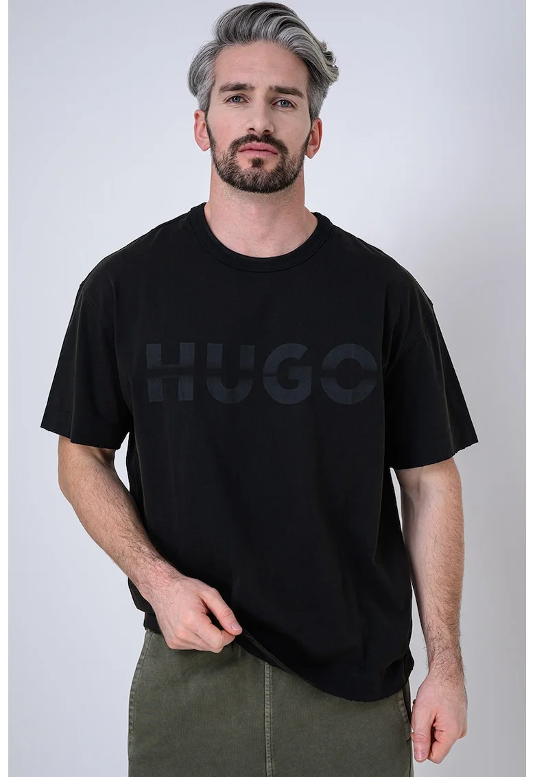 Tricou cu decolteu la baza gatului si imprimeu logo, Negru stins