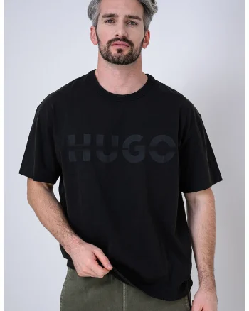 Tricou cu decolteu la baza gatului si imprimeu logo, Negru stins