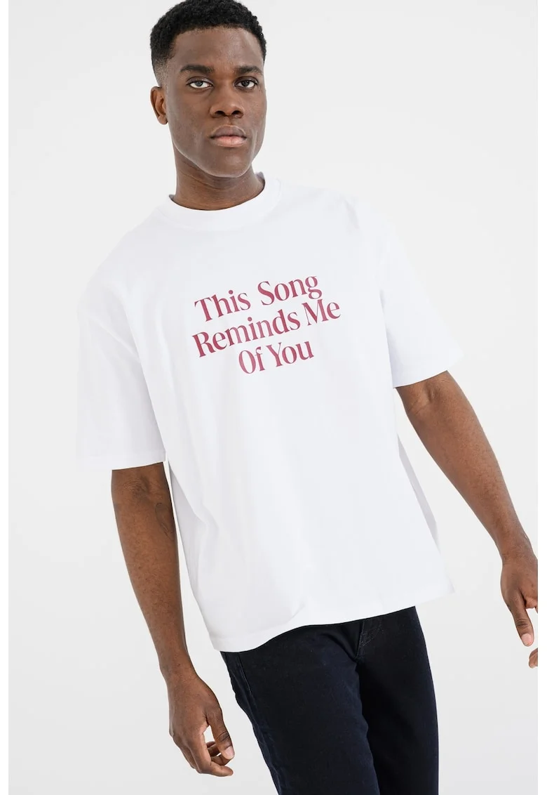 Tricou de bumbac cu imprimeu text, Visiniu/Alb optic