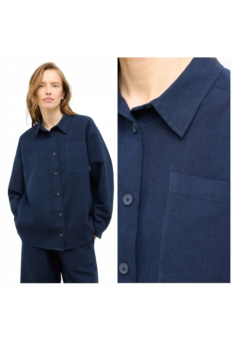 Camasa de vara pentru femei,  Marimea 36, Bleumarin, Stil Willow, Croiala lejera Relaxed Fit, Inchidere eleganta cu nasturi, Bumbac 75% si in 25%, Prevazuta cu 1 buzunar frontal practic