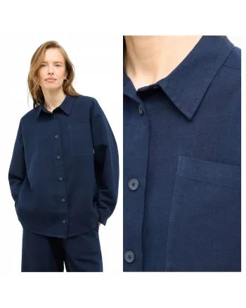 Camasa de vara pentru femei,  Marimea 36, Bleumarin, Stil Willow, Croiala lejera Relaxed Fit, Inchidere eleganta cu nasturi, Bumbac 75% si in 25%, Prevazuta cu 1 buzunar frontal practic