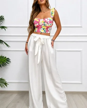 Pantaloni palazzo Nayana, cu banda elastica si cordon, ALB, Marime S/M/L