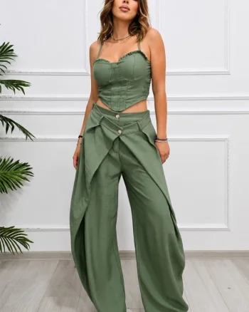 Compleu casual Maelle, cu top reglabil si pantaloni balloon, Verde Kaki