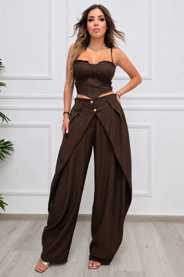 Compleu casual Maelle, cu top reglabil si pantaloni balloon, Maro Ciocolata