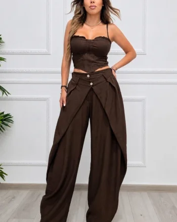 Compleu casual Maelle, cu top reglabil si pantaloni balloon, Maro Ciocolata