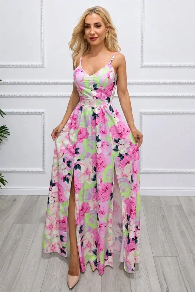 Rochie lunga Camelea, cu imprimeu floral, spatele gol si funda, PINK Peonies, Marime S/M