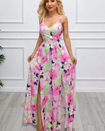 Rochie lunga Camelea, cu imprimeu floral, spatele gol si funda, PINK Peonies, Marime S/M