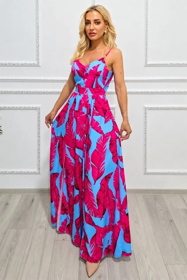 Rochie lunga Camelea, cu imprimeu floral, spatele gol si funda, Exotic Plume BLUE, Marime S/M