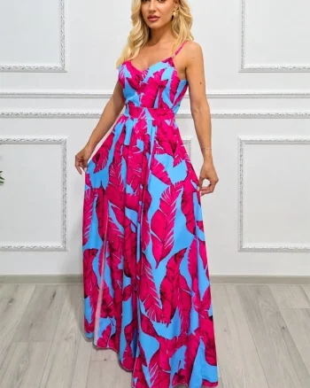 Rochie lunga Camelea, cu imprimeu floral, spatele gol si funda, Exotic Plume BLUE, Marime S/M