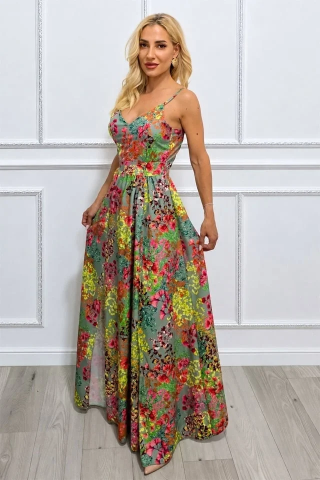 Rochie lunga Camelea, imprimeu floral, spatele gol si funda, GREEN Pastel Bouquet, Marime S/M