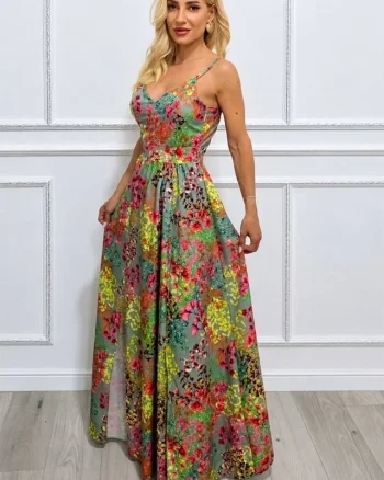 Rochie lunga Camelea, imprimeu floral, spatele gol si funda, GREEN Pastel Bouquet, Marime S/M