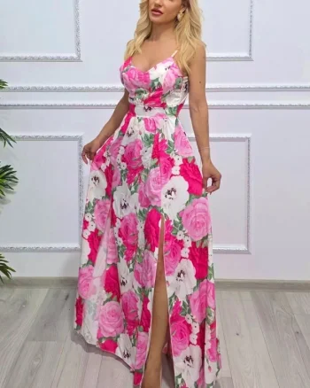 Rochie lunga Camelea, imprimeu floral, spatele gol si funda, Fucsia Rose Garden, Marime S/M