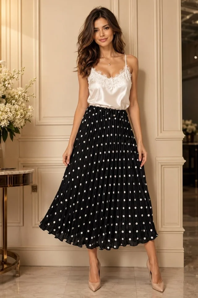 Fusta eleganta plisata IRISSA, cu buline si croi midi, NEGRU, Marime S/M