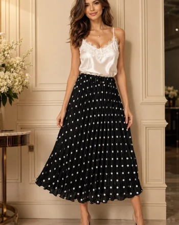 Fusta eleganta plisata IRISSA, cu buline si croi midi, NEGRU, Marime S/M