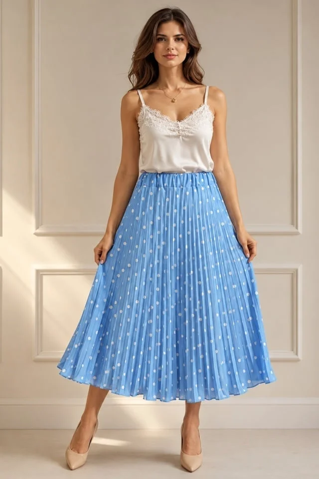 Fusta eleganta plisata IRISSA, cu buline si croi midi, Baby Blue, Marime S/M