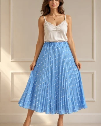 Fusta eleganta plisata IRISSA, cu buline si croi midi, Baby Blue, Marime S/M