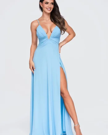 Rochie eleganta maxi cu decolteu V si bretele inguste, ajustabile, Albastru