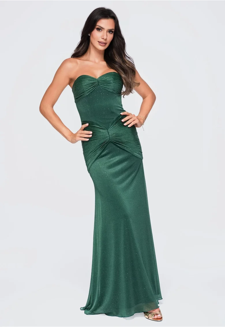 Rochie de seara maxi eleganta fara bretele, cu detalii fronsate, Verde
