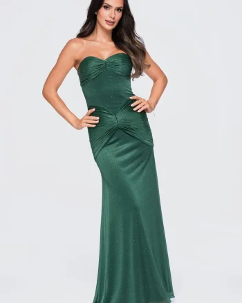 Rochie de seara maxi eleganta fara bretele, cu detalii fronsate, Verde