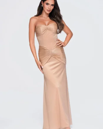 Rochie de seara maxi eleganta fara bretele, cu detalii fronsate, Bej