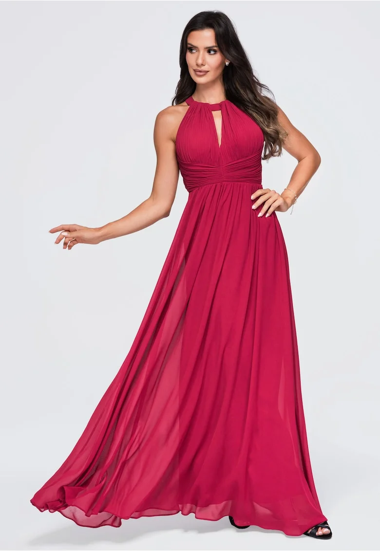 Rochie maxi eleganta cu decolteu halter si talie inalta, rochie de seara LA-OM-DLR358, Visiniu
