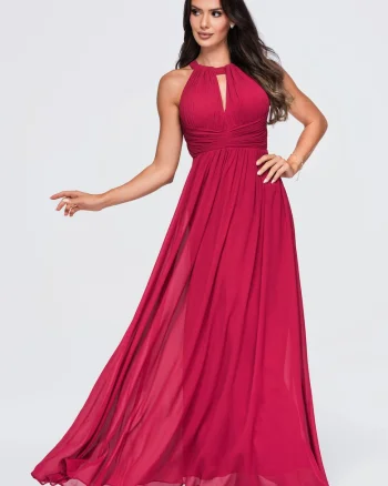 Rochie maxi eleganta cu decolteu halter si talie inalta, rochie de seara LA-OM-DLR358, Visiniu