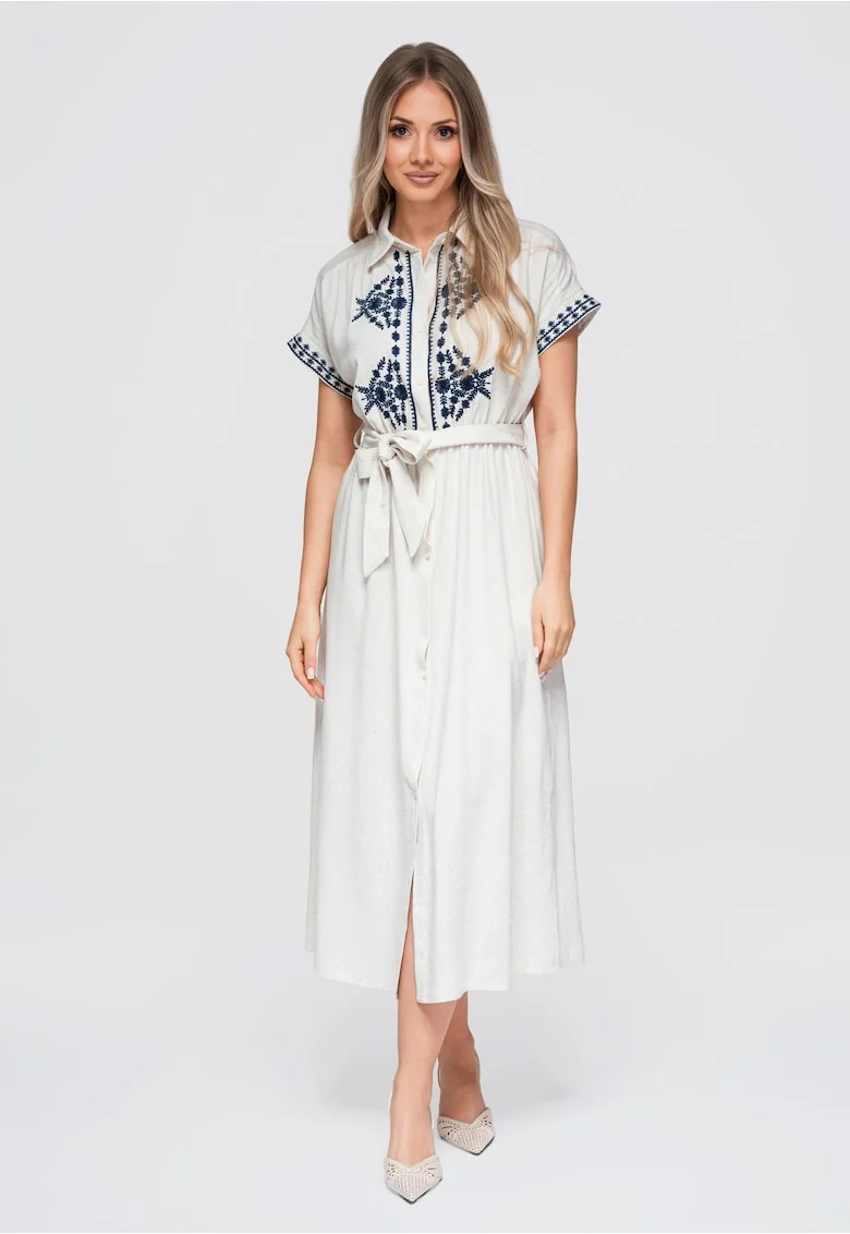 Rochie midi dama cu guler, maneci scurte, material cu viscoza si len OW-DLR-E0012, beige/navy, S/M