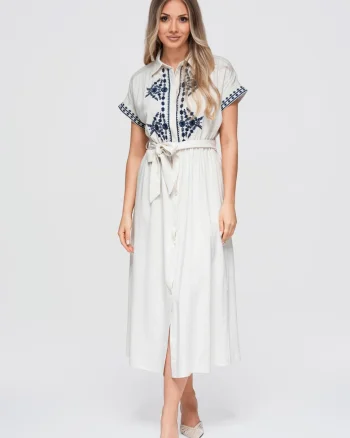 Rochie midi dama cu guler, maneci scurte, material cu viscoza si len OW-DLR-E0012, beige/navy, S/M