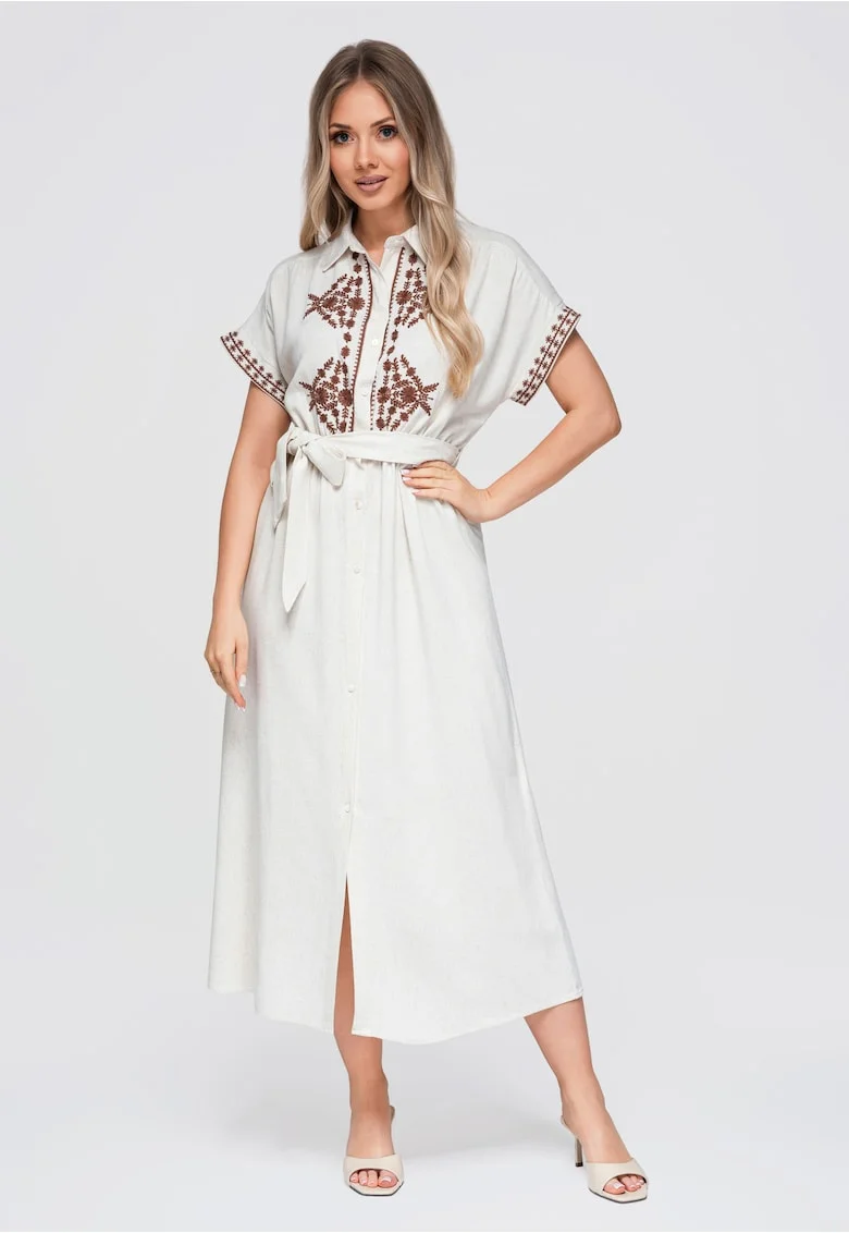 Rochie midi dama cu guler, maneci scurte, material cu viscoza si len OW-DLR-E0012, beige/coffee, S/M
