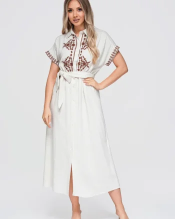 Rochie midi dama cu guler, maneci scurte, material cu viscoza si len OW-DLR-E0012, beige/coffee, S/M