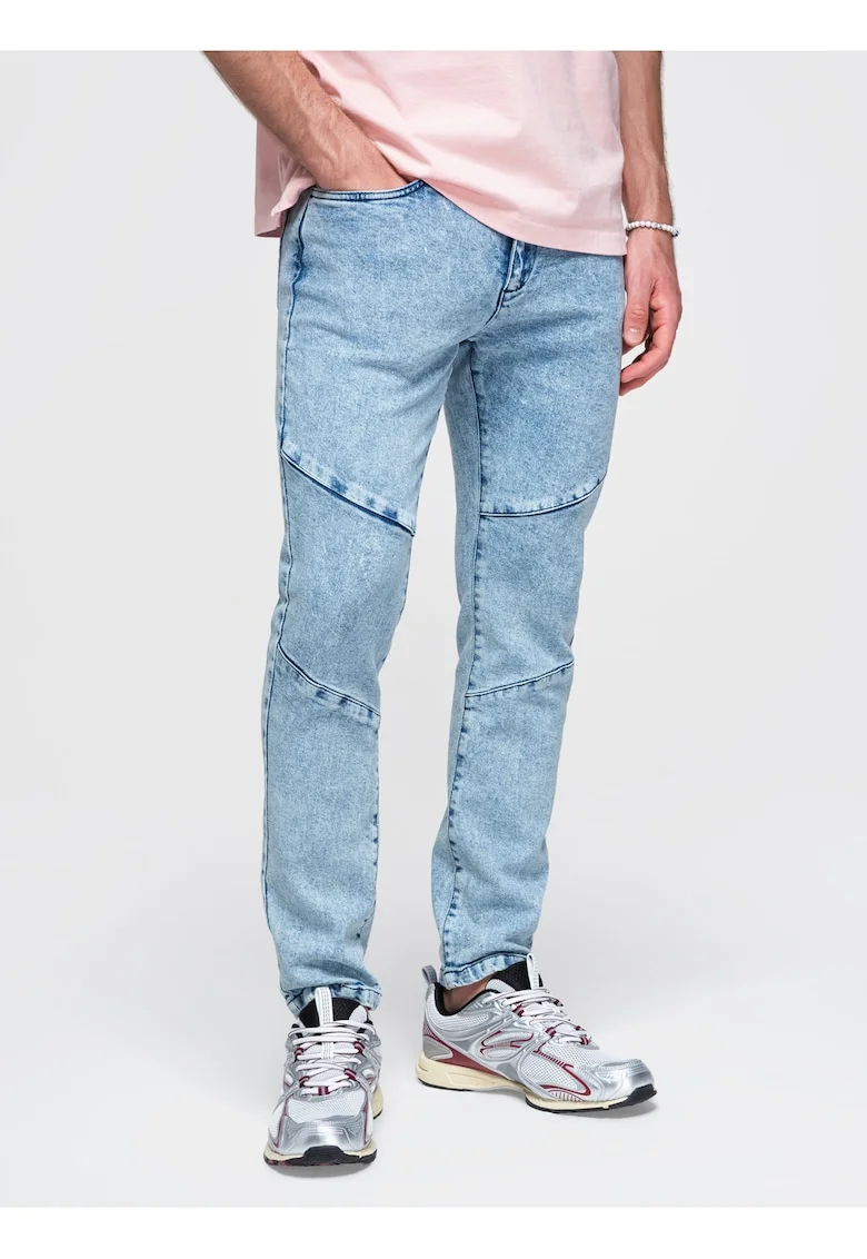 Pantaloni barbati slim fit din denim cu efect marmorat P1527, Albastru deschis