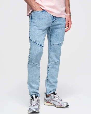 Pantaloni barbati slim fit din denim cu efect marmorat P1527, Albastru deschis