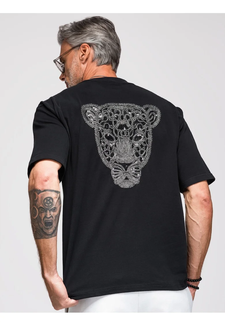 Tricou barbati loose fit cu aplicatie pantera pe spate, decolteu rotund OM-TSCT-0279, Negru
