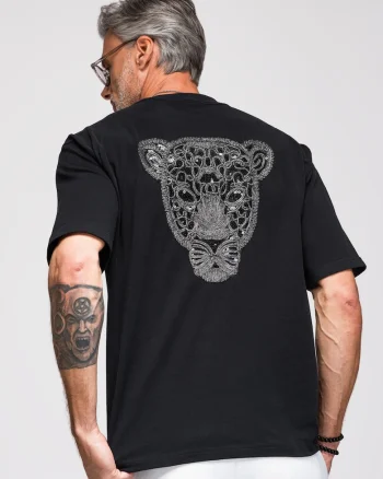 Tricou barbati loose fit cu aplicatie pantera pe spate, decolteu rotund OM-TSCT-0279, Negru