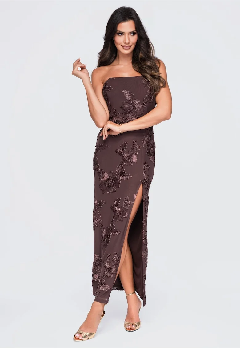 Rochie maxi eleganta cu decolteu patrat si aplicatii florale, rochie dama LA-OM-DLR430, Maro
