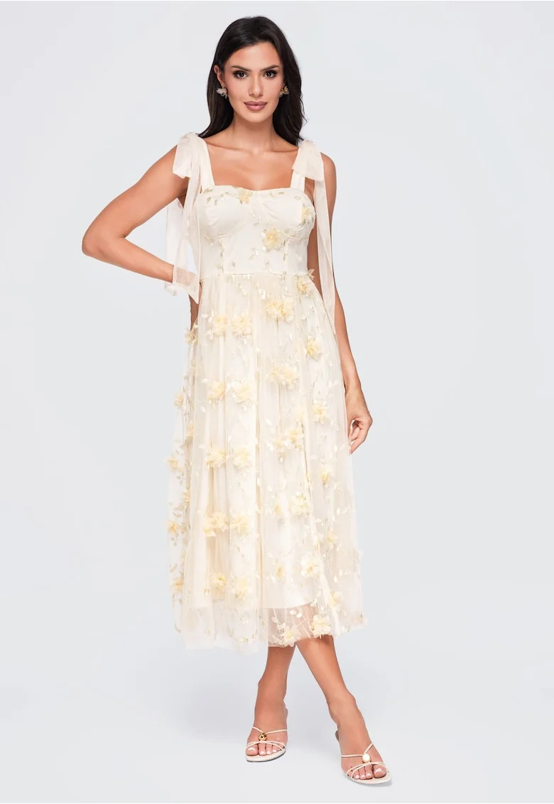 Rochie midi eleganta, de ocazie, cu aplicatii florale si strat exterior de tul vaporos, Crem