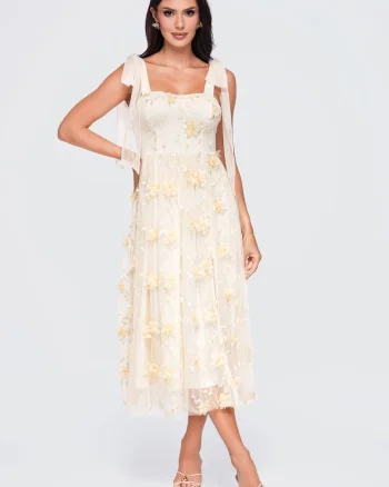 Rochie midi eleganta, de ocazie, cu aplicatii florale si strat exterior de tul vaporos, Crem