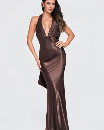 Rochie maxi eleganta cu decolteu adanc si spate decupat LA-OM-DLR428, Maro