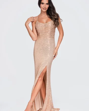 Rochie maxi eleganta cu decolteu drapat si spate descoperit LA-OM-DLR419, Auriu