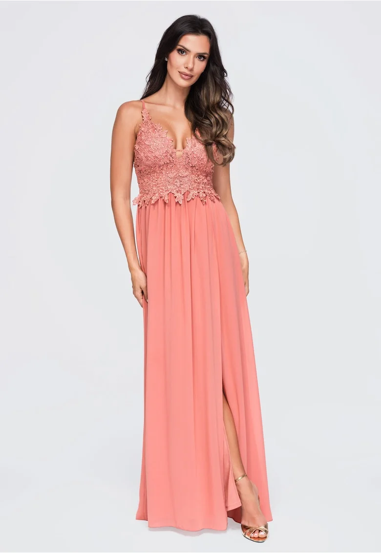 Rochie maxi eleganta cu decolteu adanc, cu aplicatii din dantela, LA-OM-DLR420, Roz