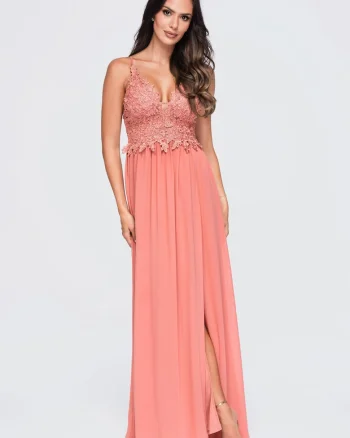 Rochie maxi eleganta cu decolteu adanc, cu aplicatii din dantela, LA-OM-DLR420, Roz