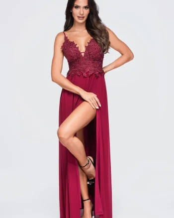 Rochie maxi eleganta cu decolteu adanc, cu aplicatii din dantela, LA-OM-DLR420, Visiniu
