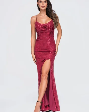 Rochie maxi eleganta cu decolteu drapat si spate descoperit LA-OM-DLR419, Visiniu