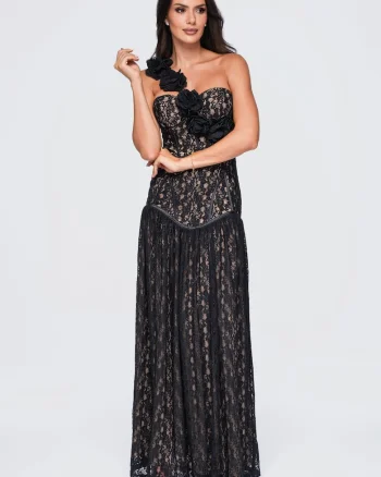 Rochie maxi eleganta cu decolteu sweetheart si aplicatii florale LA-OM-DLR429, Negru