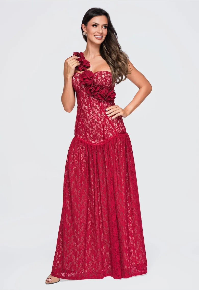 Rochie maxi eleganta cu decolteu sweetheart si aplicatii florale LA-OM-DLR429, Visiniu