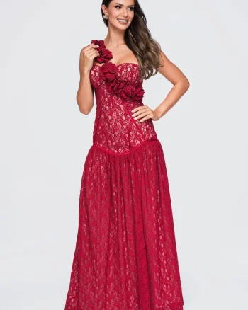 Rochie maxi eleganta cu decolteu sweetheart si aplicatii florale LA-OM-DLR429, Visiniu