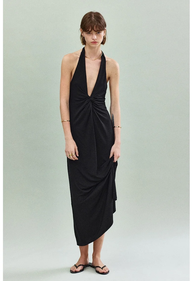 Rochie din amestec de modal cu decolteu adanc, Negru