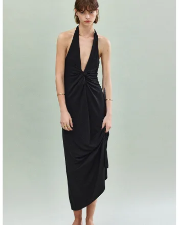 Rochie din amestec de modal cu decolteu adanc, Negru