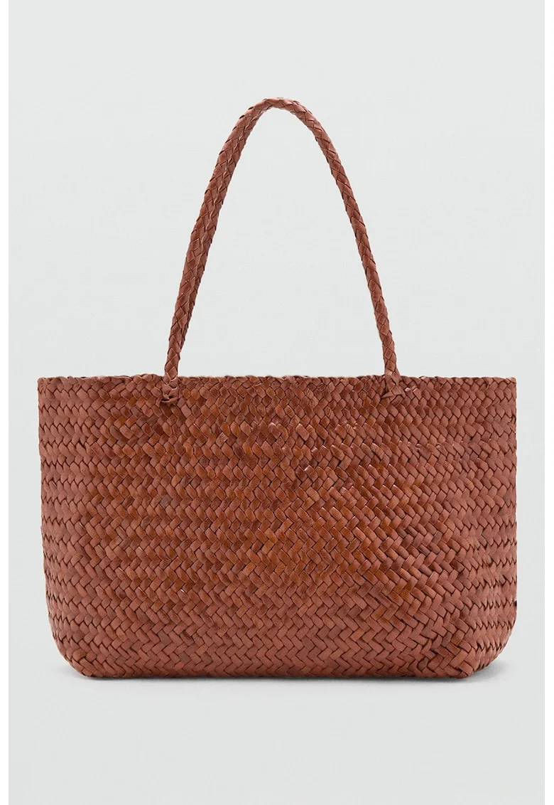 Geanta shopper de piele cu aspect impletit, Caramel